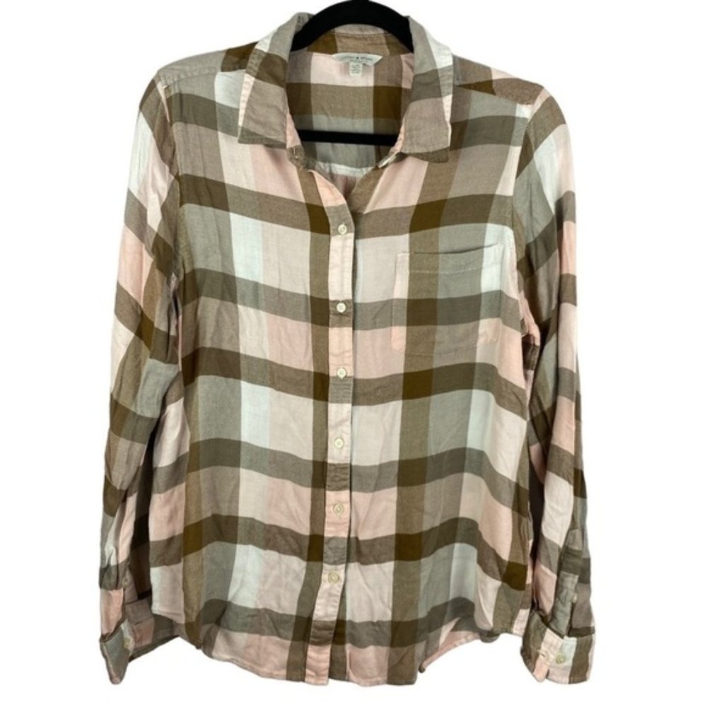 LUCKY Brand Brown Pink Plaid Modal Viscose Blend Button Down Shirt